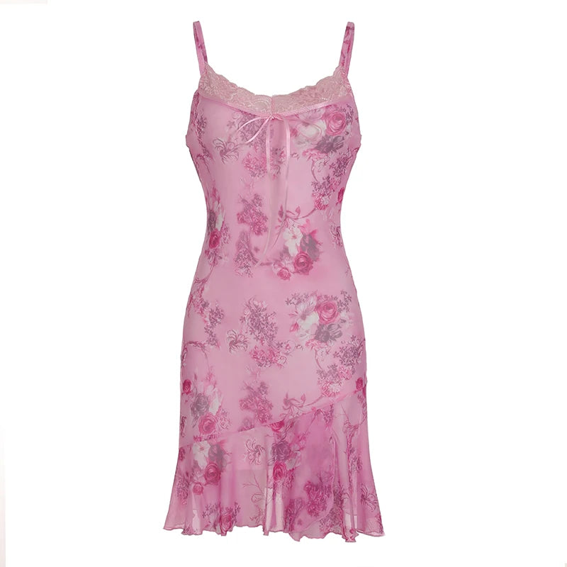Aiertu  -  Sweety Floral Printed Lace Patchwork Strap Dress Women Summer Holiday With Frill Trim Sundress Y2K Aesthetic Slimming Aiertu