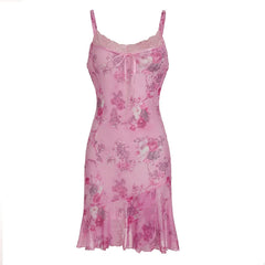 Aiertu  -  Sweety Floral Printed Lace Patchwork Strap Dress Women Summer Holiday With Frill Trim Sundress Y2K Aesthetic Slimming Aiertu