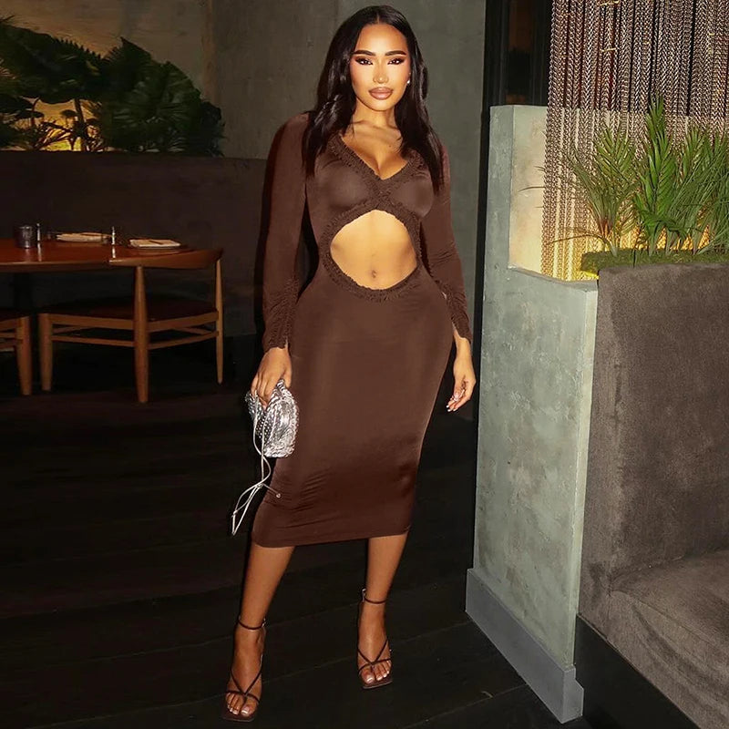 Aiertu  -  V Neck Sexy Hollow Out Ruched Lace Dress Women's Elegant Slim Dress Fill Sleeve Femme Holiday Beach Evening Dress Ladies Aiertu