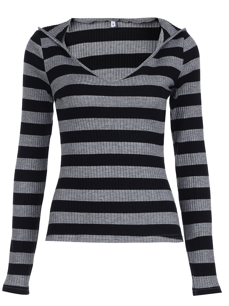 Aiertu - summer inspo Black Dark Gray Stripe Hooded T-Shirt Women V Neck Slim Long Sleeve Basic Spring Autumn Ribbed Top Preppy Streetwear Tee Aiertu