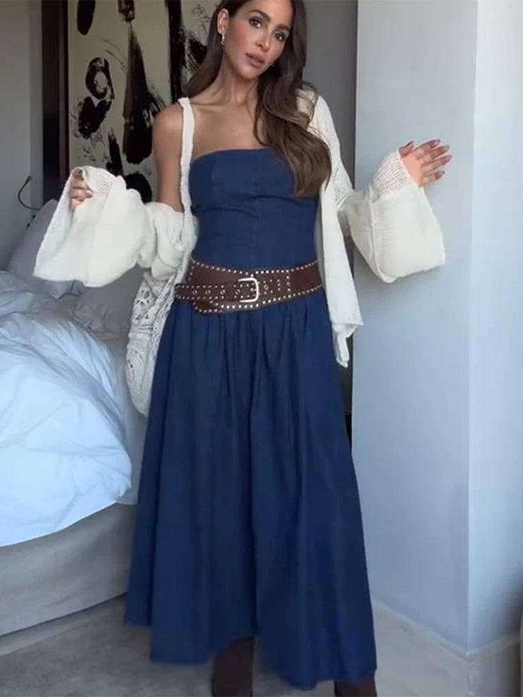 Aiertu  -  Strapless Denim Long Dress Sexy Backless Waist Cinched Cowboy Pleated Dresses Off Shoulder Street Trends Robes Women's Clothing Aiertu