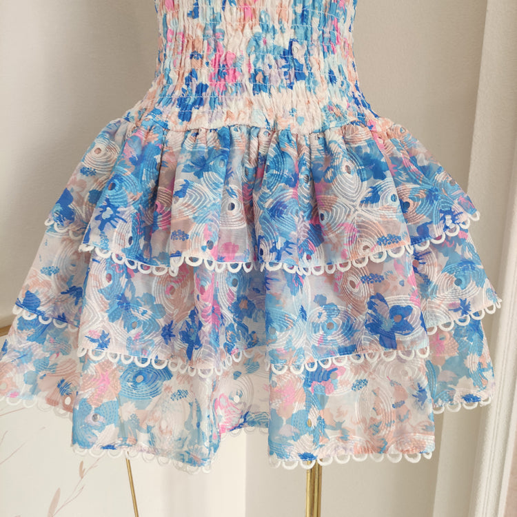 Aiertu  -  Summer Hollow Out Embroidery Cake Dress Women Sexy Beach Strapless Halter Stretch Cotton Spliced Layer Lace Trims Mini Vestidos Aiertu