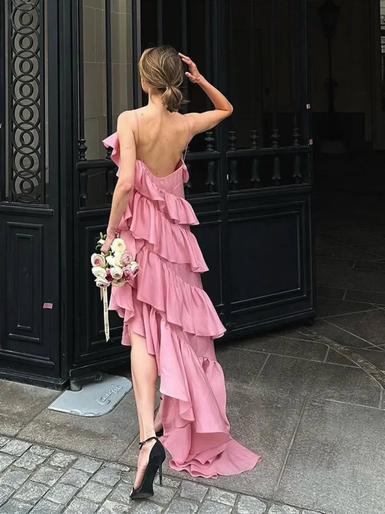 Aiertu  -  Layer Ruffles V Neck Pink Maxi Dress Women Elegant Backless Sleeveless Sling Long Dresses 2026 Chic Lady Party Street Vestidos Aiertu