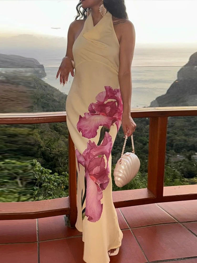 Aiertu  -  Retro Print Hang Neck Long Dress Women Elegant Sleeveless Backless Female Dresses Summer Sexy Slim Lady Evening Party Robe Aiertu