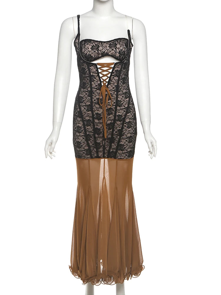 Aiertu  -  Backless Sleeveless Mesh Patchwork Jacquard Maxi Dress Women Hollow Cross Bandage Fishtail Low-Neck Vacation Vestidos Aiertu
