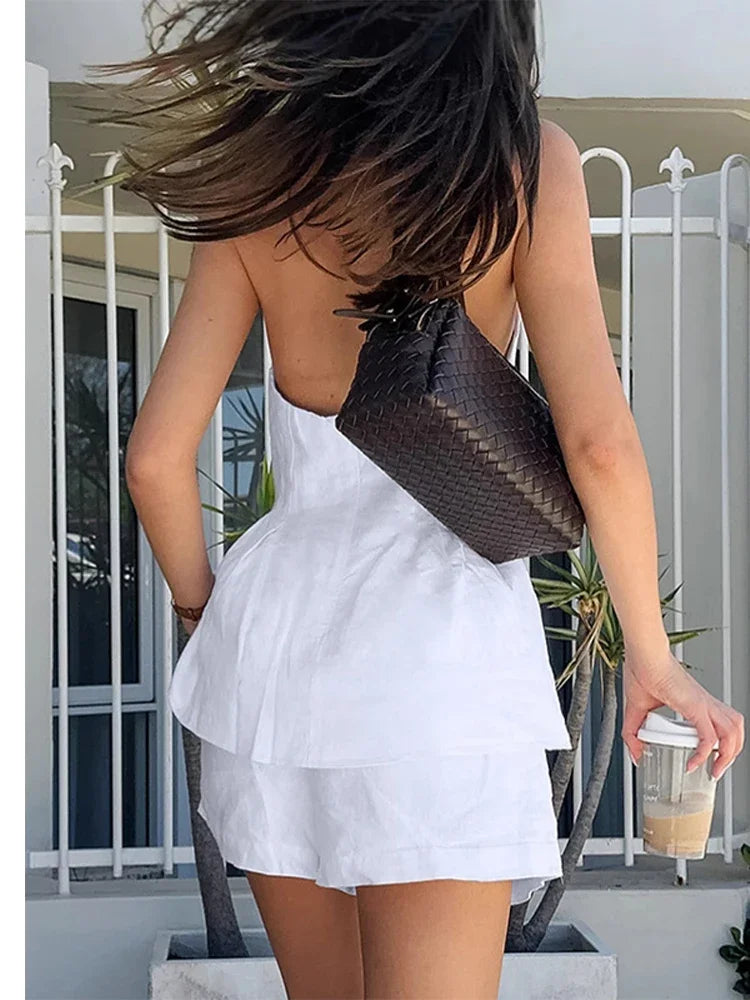 Aiertu  -  Cotton Linen Tank Top Shorts Sets Women's White Single Breasted Halter Ruffles Vest Wide Leg Shorts Suits Summer Commute Chic Aiertu