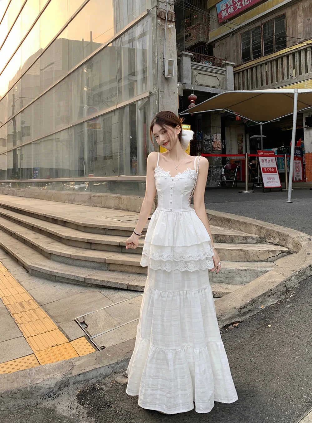 Aiertu  -  White Dress Ladies Temperament Patchwork Lace Two-piece Suit Spring Summer 2025 New Elegant Princess Dress Simplicity Suit Aiertu
