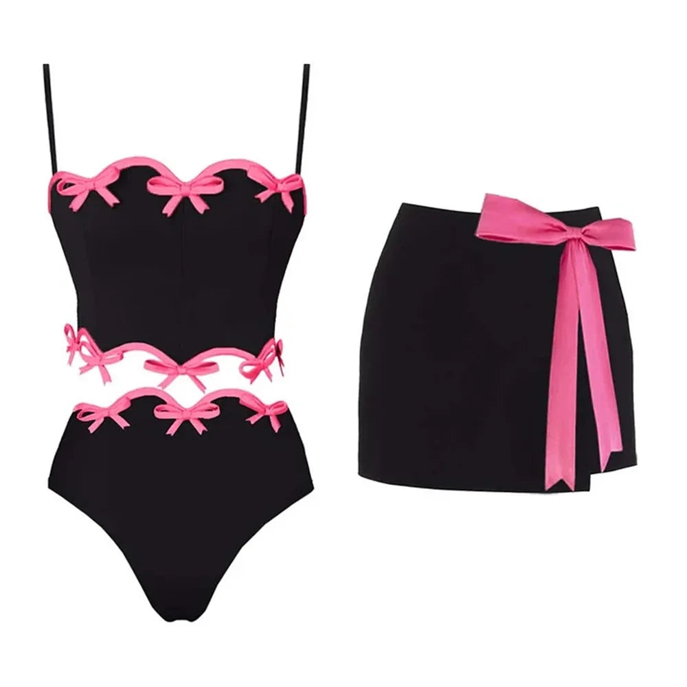 Aiertu  -  2Pcs Retro One Piece Swimsuit Sexy Women Bikinis 2025 Hollow Swimwear Bow Tie Swim Suits Biquini Female Bodysuit Beach Outfits Aiertu