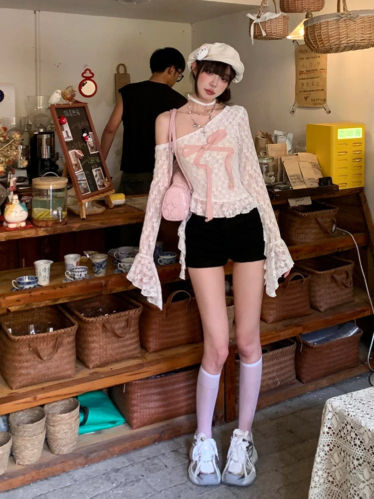 Aiertu  -  Flowy Ruffle Hem Long Sleeve T-shirt Women White Floral Lace Ribbon Off Shoulder Asymmetrical Top Fall Female Clothing Aiertu