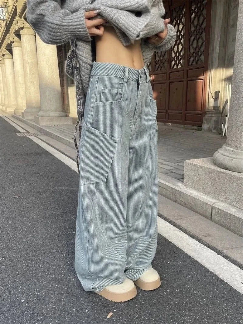 Aiertu  -  American Retro Y2K Pocket Striped Baggy Jeans Women Autumn Winter Street Loose Casual Harajuku Fashion High Waist Wide Leg Jeans Aiertu