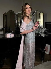 Aiertu  -  Women's Pink Bow Silver Sequins Glittter Back Split Maxi Dress Sexy Off Shoulder Backless Long Dress Female Evening Party Gown Aiertu