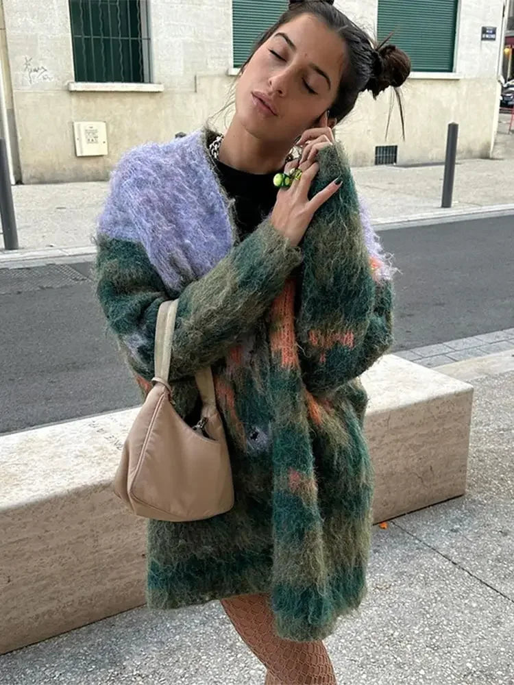 Aiertu  -  Autumn New Mohair Print Knit Cardigan Coat Oversize Single Breasted Long Sleeve Sweater Tops 2026 Office Lady Commute Streetwear Aiertu