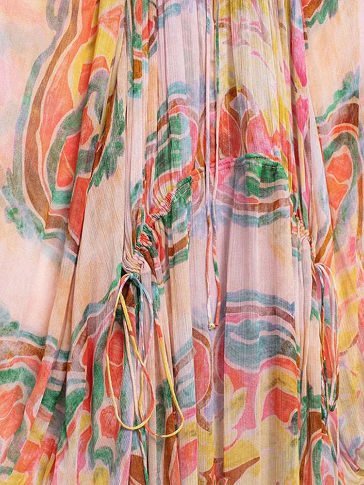 Aiertu  -  Fashion Print Tulle Lace Up Dress Women Loose O-neck Long Lantern Sleeve Pleated Female Dresses Summer Lady Colorful Robes Aiertu