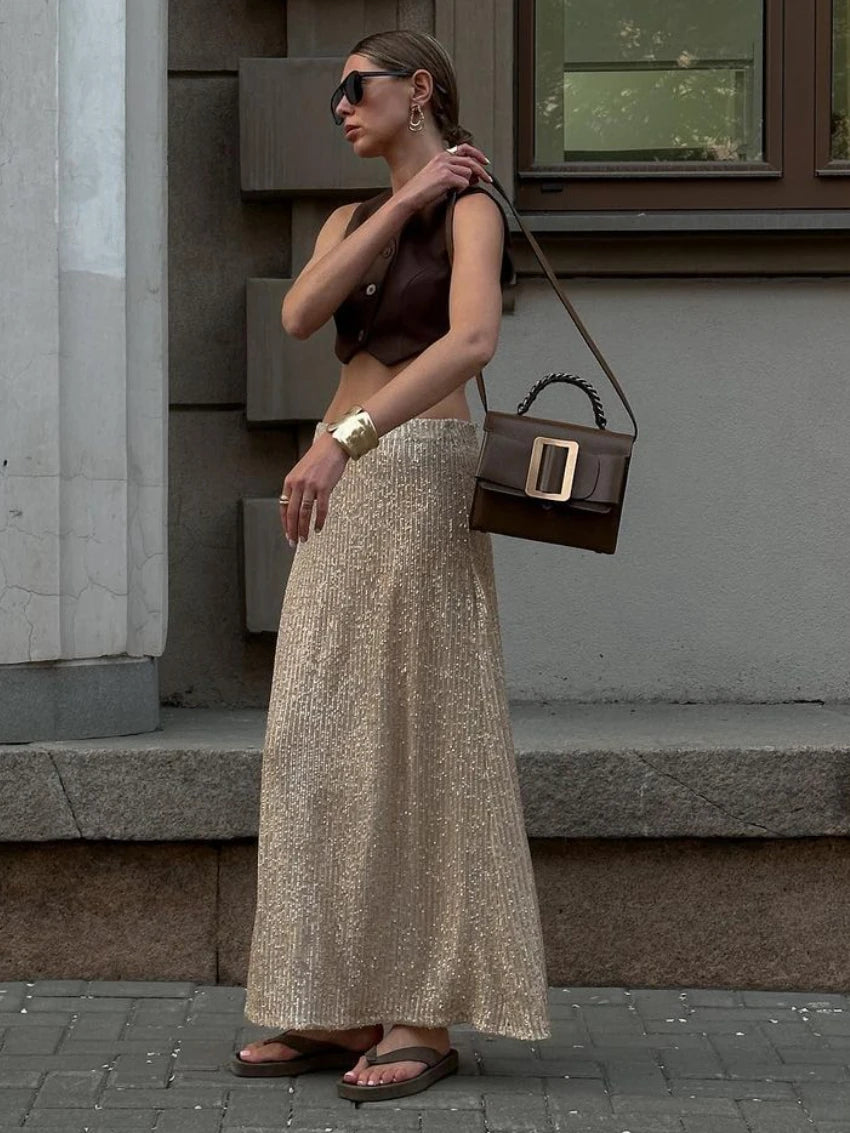 Aiertu  -  Elegant Silk Sequins Women Skirt Dropped Waist Long Skirts Streetwear Classic Skirt Fashion Female Clothing Aiertu