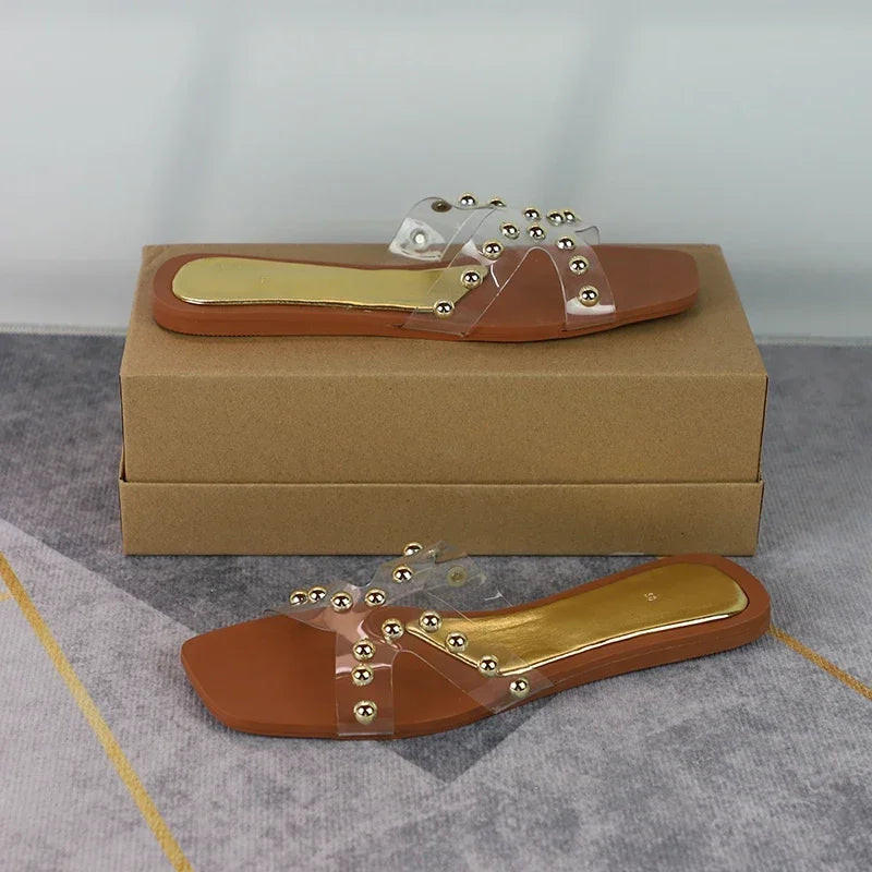 Aiertu  -  Transparent PVC Flat Slippers for Women 2025 Square Toe Outdoor Fashion Cross Design Female Slides Plus Size Summer Beach Shoes Aiertu