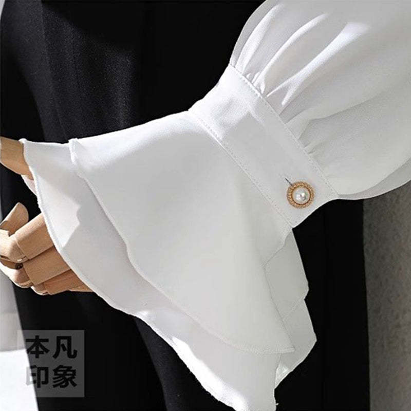 Aiertu Vintage White Shirts Women Elegant Ruffles Flare Long Sleeve Blouses Office Ladies Korean Single Breasted Design Chic Tops Aiertu