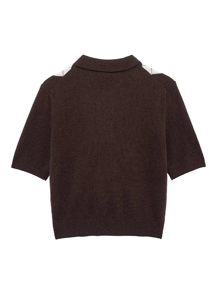 Aiertu  -  Knit Short-Sleeved Sweater Lapel Pullover Fashion Slimming Knitwear Casual Minimalism Warm Short Shirt Women T-Shirt Aiertu