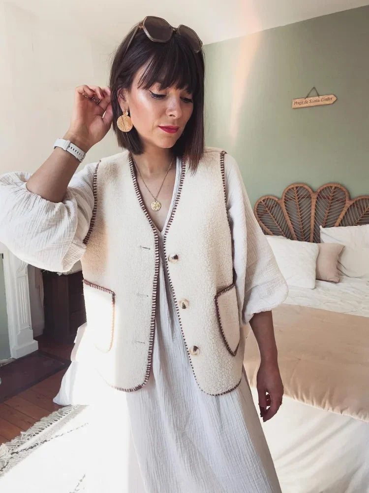 Aiertu  -  Women Fashion Embroidered Lambswool Vest Elegant V-neck Sleeveless Single-breasted Waistcoat 2026 Autumn Lady Street Short Tops Aiertu