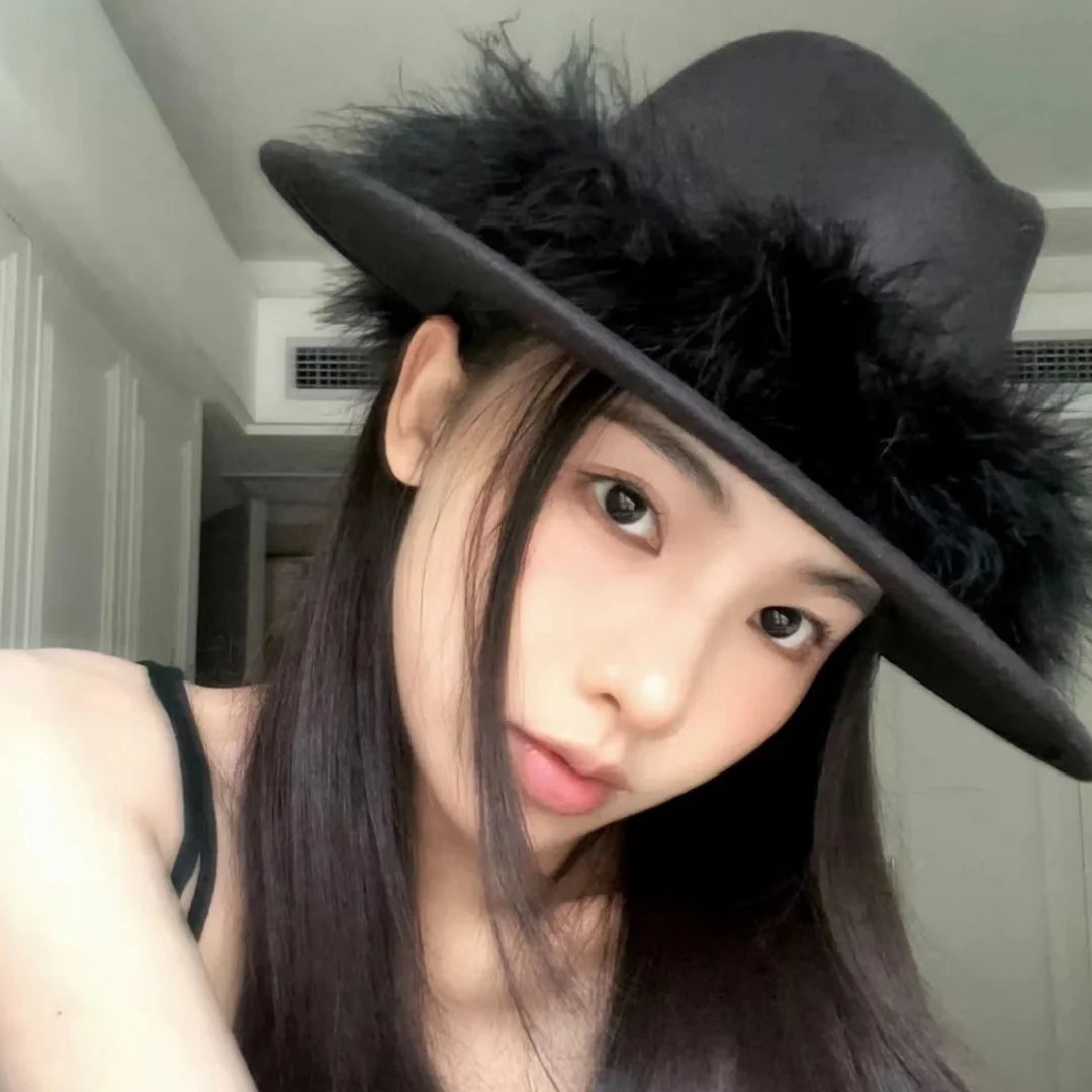 Aiertu  -  Black Fedora Hat For Women Men British Style Outdoor Flat Brim Top Hat Female Ostrich Fur Furry Wide Brim Party Cap Lady Aiertu