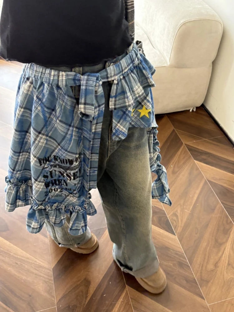 Aiertu  -  Y2k Aesthetic Plaid Irregular Ruffled Skirts Vintage Women Streetwear Letter Print Faldas Harajuku Grunge Casual Bandage Skirt Aiertu