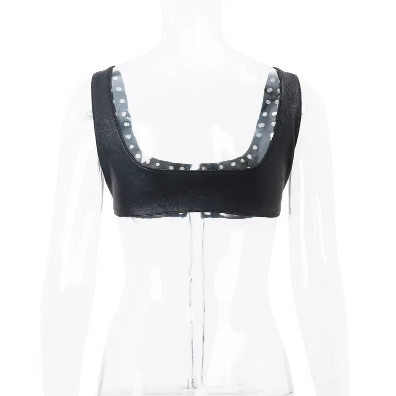 Aiertu      -   Fashion PU Leather Lace Up Sleeveless Crop Tops Rave Festival Punk Sexy Cropped Camis Top Tanks Streetwear Clothes Aiertu