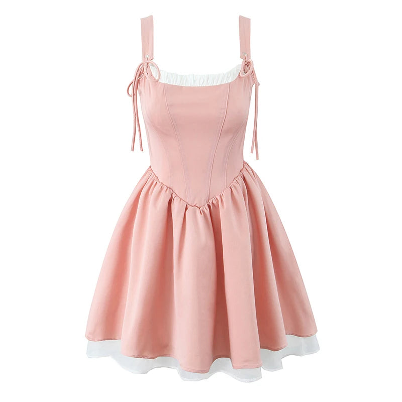 Aiertu  -  Sweet Girl Lace Up Pink Princess Mini Dress Women Sexy Sleeveless Low Waist A-line Mini Summer Dresses Party Robe Aiertu