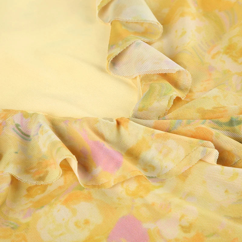 Aiertu  Holiday Style Yellow Flora Prints Women Dress Summer Fashion Design Irregular Ruffles V-Neck Short Frock Aiertu