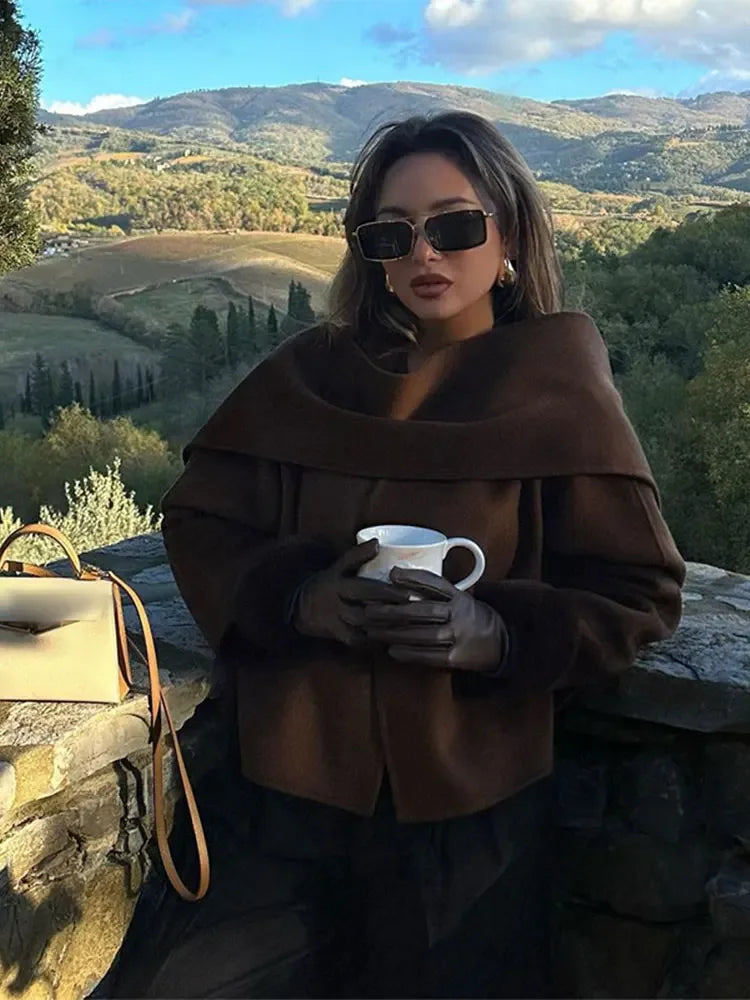 Aiertu  -  Women Fashion Scarf Decorated Woolen Jacket Casual Solid Long Sleeve Loose Warm Overcoat 2026 Autumn Winter New Lady Chic Coat Aiertu