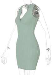 Aiertu Sexy Zipper Deep V Neck Rib Knitting Bodycon Dress Women Sleeveless Solid Color Skinny Mini Dress Elegant Club Party Vestidos Aiertu