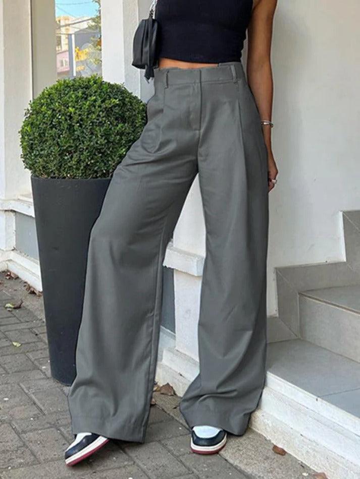 Aiertu  -Solid High Rise Tailored Pants aiertu