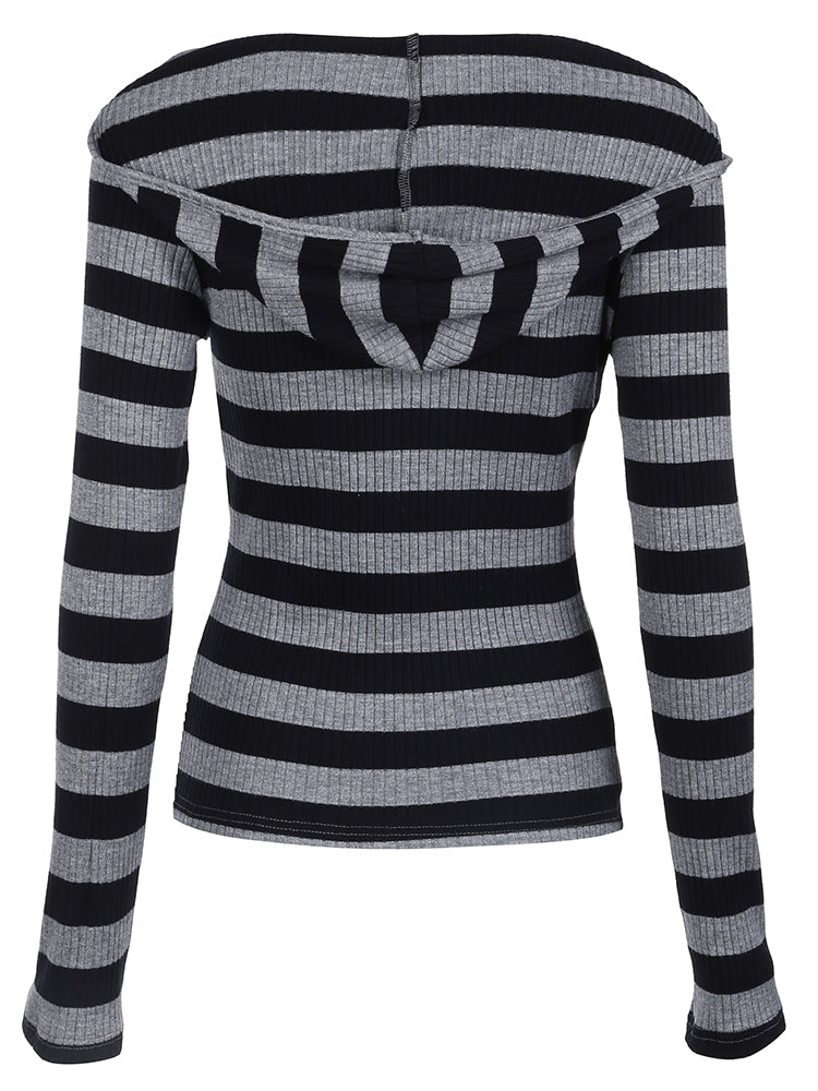 Aiertu - summer inspo Black Dark Gray Stripe Hooded T-Shirt Women V Neck Slim Long Sleeve Basic Spring Autumn Ribbed Top Preppy Streetwear Tee Aiertu