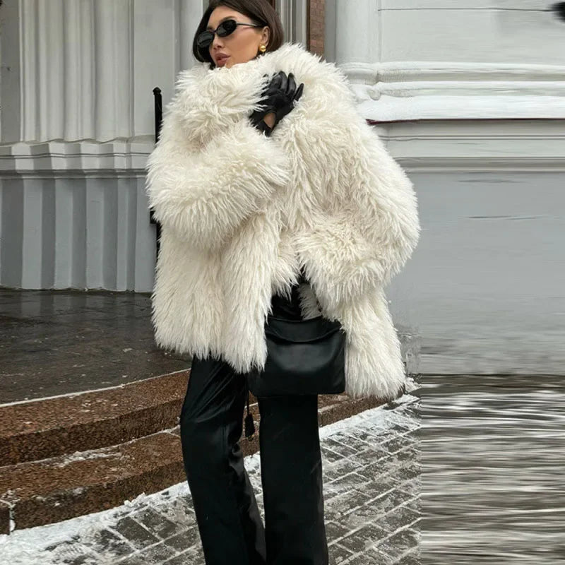 Aiertu  -  Faux Fur Solid Women Coat Full Sleeve With Scarf Female Jacket 2025 Fashion Winter Elegant Thickened Warm Puffy Lady Overcoat Aiertu