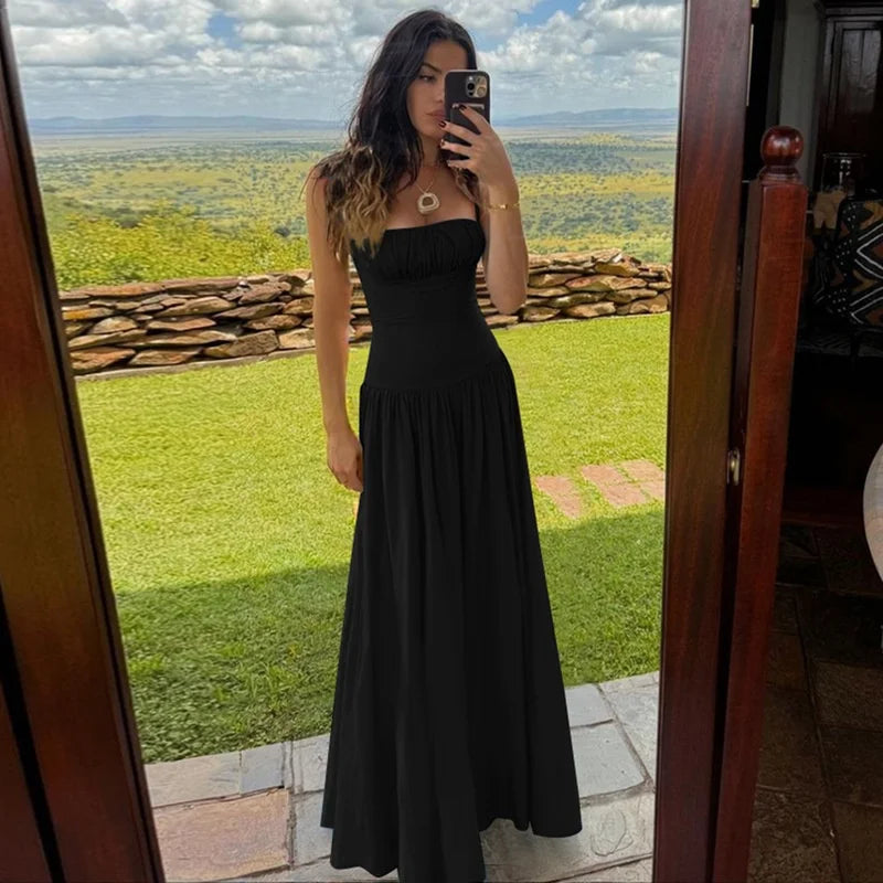Aiertu  -  Ruched Spaghetti Strap Sexy Maxi Dress For Women Patchwork High-Waist Solid Elegant Sleeveless Slim Club Party Dress Aiertu