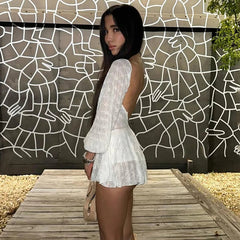 Aiertu  -  Bows Lace Stapless Dress For Women See Through Sexy Long Sleeve Mini Dress Splice Sweet Slim Pleated Dress High Waist Aiertu