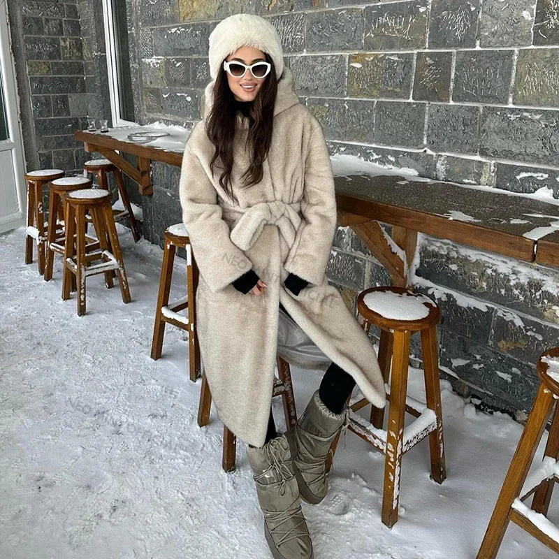 Aiertu  -  casual winter outfits Belted Faux Mink Fur Coat Women 2024 Winter Beige Gradient Furry Fur Jacket Luxury Brand Hooded Warm Outerwear Overcoat Aiertu