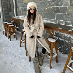 Aiertu  -  casual winter outfits Belted Faux Mink Fur Coat Women 2024 Winter Beige Gradient Furry Fur Jacket Luxury Brand Hooded Warm Outerwear Overcoat Aiertu