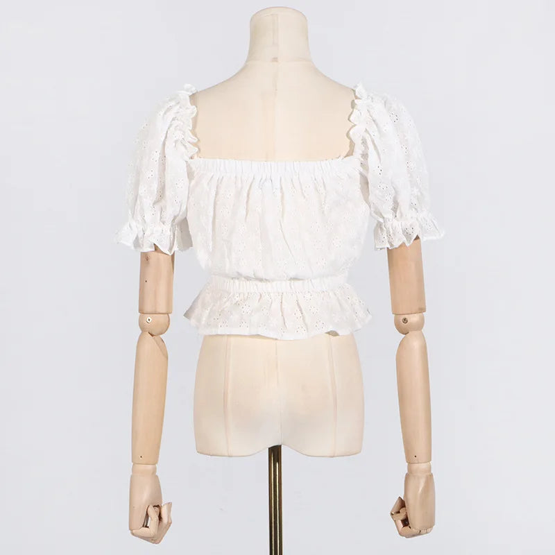 Aiertu  -  Hollow Out Embroidery Skirts Sets Women Off Shoulder Cropped Top+drawstring Mini Skirt 2025 New White Elegant Casual 2 Piece Set Aiertu