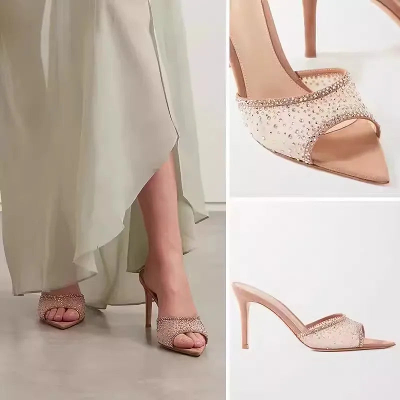 Aiertu  -  European Style Fashion Stiletto Rhinester High-heeled Slippers Pointed Open-toed Slip-on Slides Aiertu