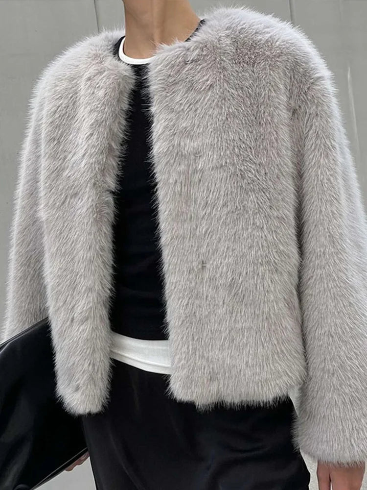 Aiertu  -  Elegant Faux Fur Solid Women Coat O Neck Loose Full Sleeve Female Jacket 2024 Fashion Autumn Winter Warm Thicken Lady Outwear Aiertu