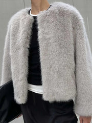 Aiertu  -  Elegant Faux Fur Solid Women Coat O Neck Loose Full Sleeve Female Jacket 2024 Fashion Autumn Winter Warm Thicken Lady Outwear Aiertu
