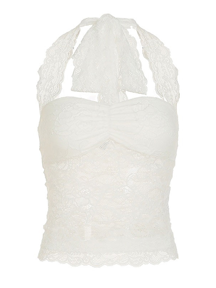 Aiertu  -Solid Sheer Lace Halter TieTank Top aiertu