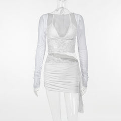 Aiertu Autumn New Fashion Temperament Sexy Deep V Slim Lace Spliced Net Long-Sleeved Dress Woman Aiertu