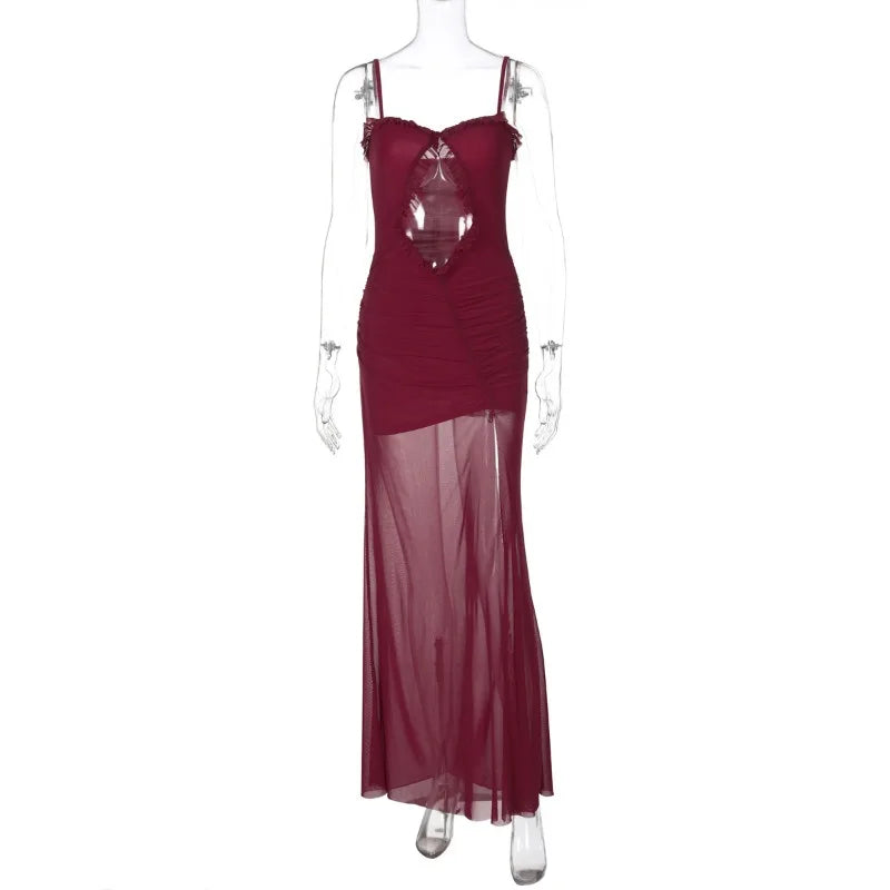 Aiertu  -  2025 Spring Hollow Out Ruffles Mesh Camisole Maxi Dress Women Sexy Strapless Spaghetti Straps Backless Ruched Party Long Robe Aiertu