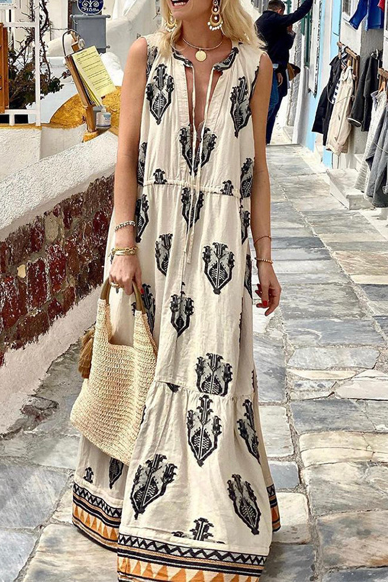 Aiertu  -  Fashion Print V Neck Cake Skirt Dresses(3 Colors) Aiertu