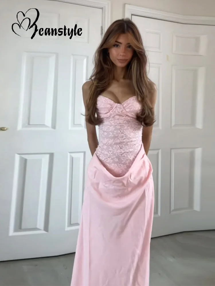 Aiertu  Pink Lace Patchwork Sling Dress Women Sexy Sleeveless Tube Top Pleated Party Long Dresses Lady 2025 Fashion Evening Slim Robe Aiertu
