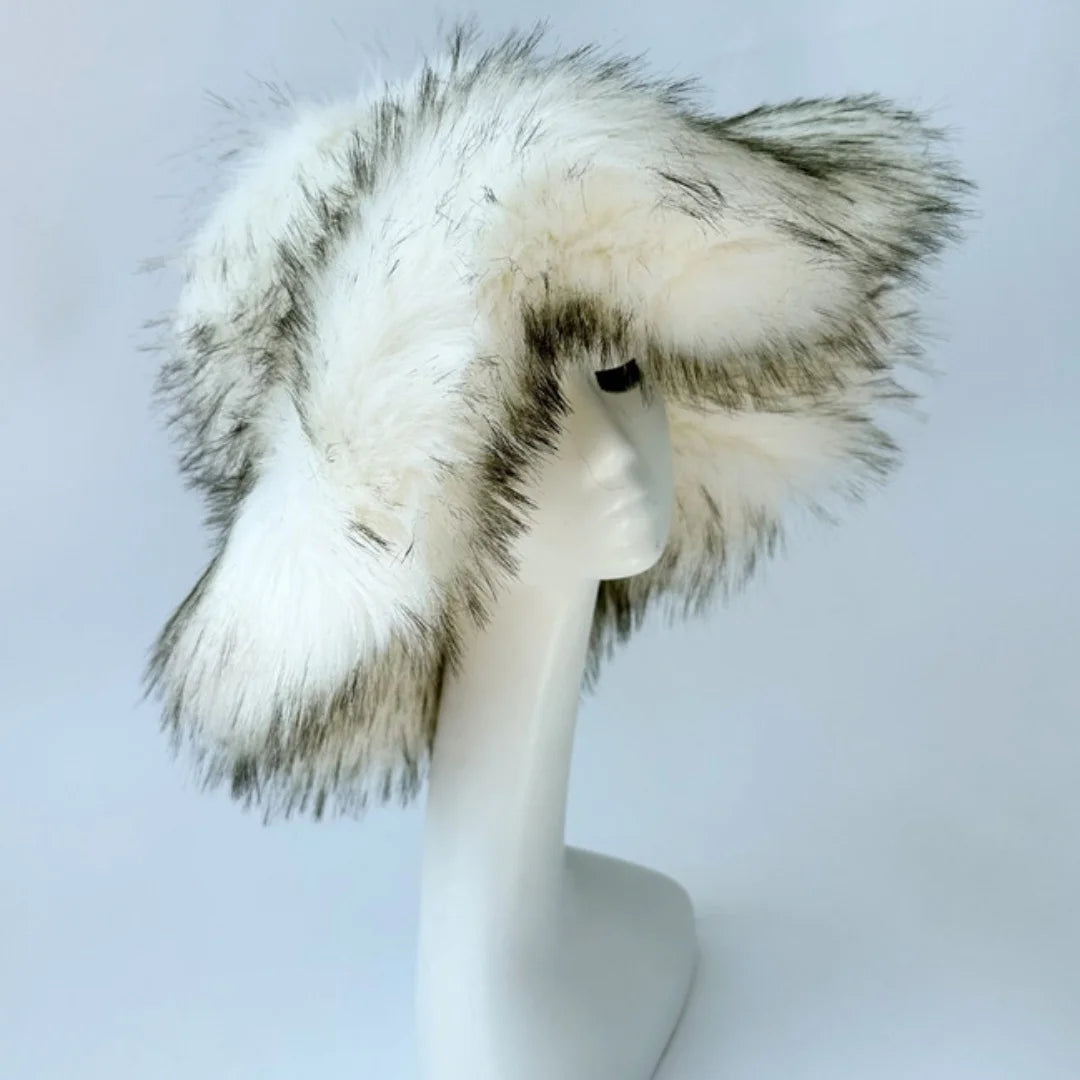 Aiertu  -  Luxury Fluffy Women Faux Fur Bucket Hats Oversized 17cm Wide Brim Thicken Outdoor Warm Plush Punk Hat Girl Y2k Female Ski Panama Aiertu