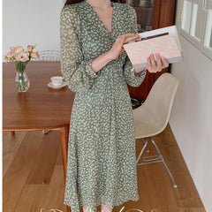 Aiertu - Retro Tea Break Green Floral Chiffon Dress Aiertu