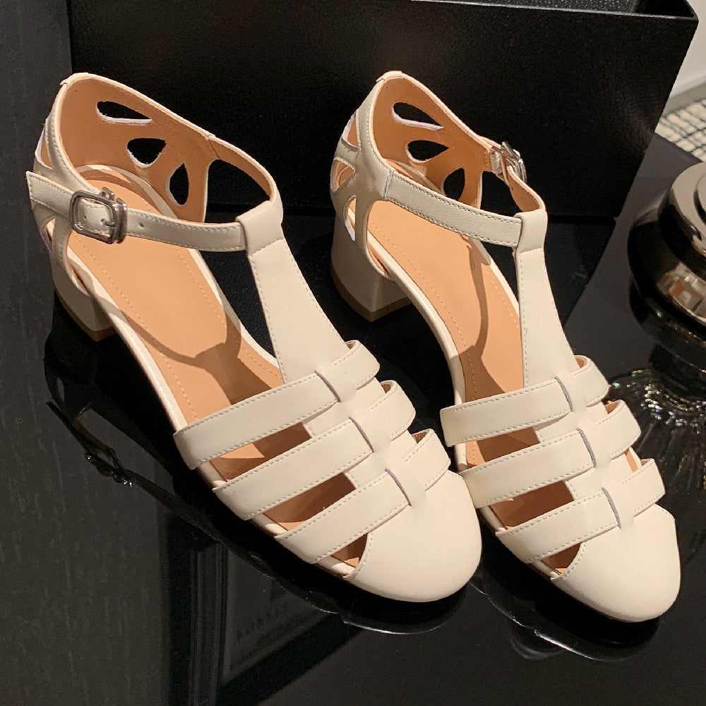 Aiertu  -  Women's genuine leather narrow band braided t-strap sandals 4cm thick med heel round toe elegant ladies summer shoes plus size Aiertu