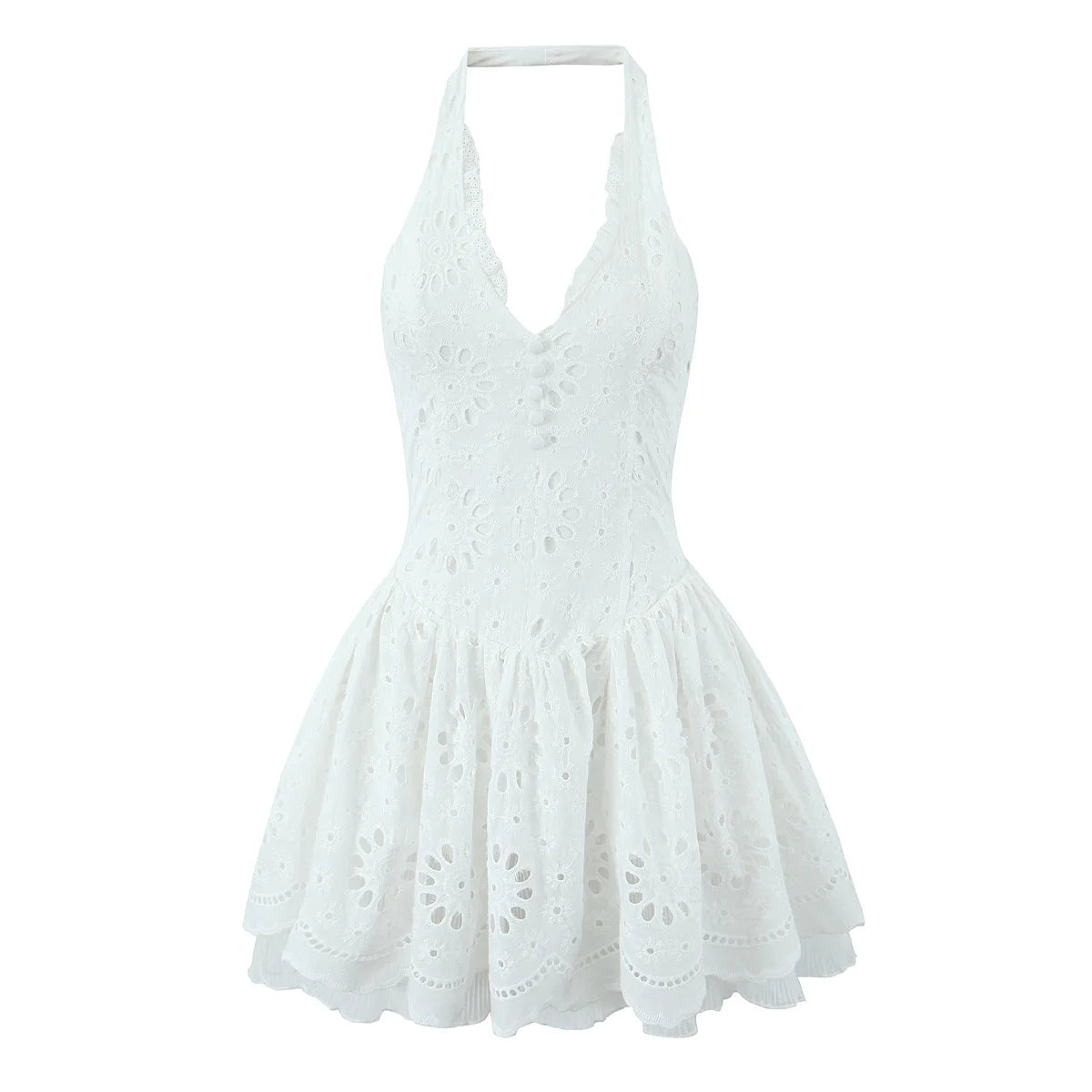 Aiertu  -  Fashion Hollow Out Embroidery White Halter Dress For Women Sexy Backless Low Waist  A-line Mini Summer Dresses French Style Robe Aiertu