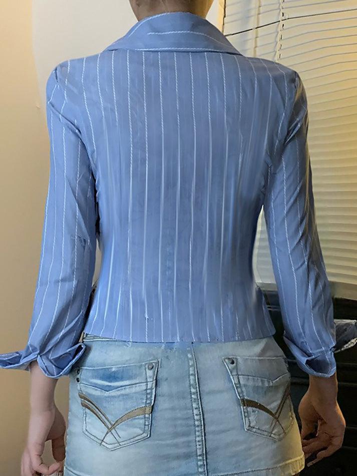 Aiertu  -Blue Striped Collared Long Sleeve Shirt aiertu